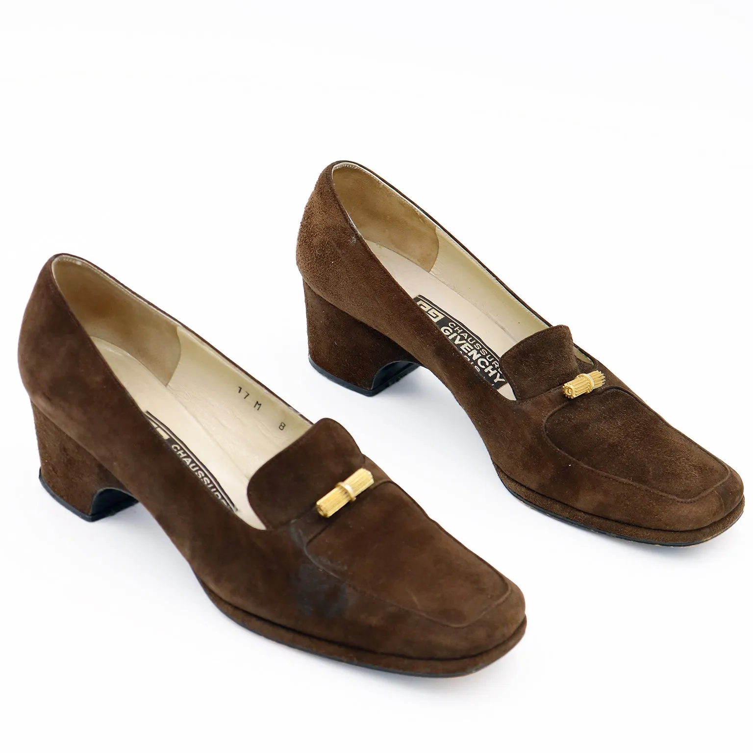 1970s Givenchy Brown Suede Loafer Shoes With Gold Decorative Buckles