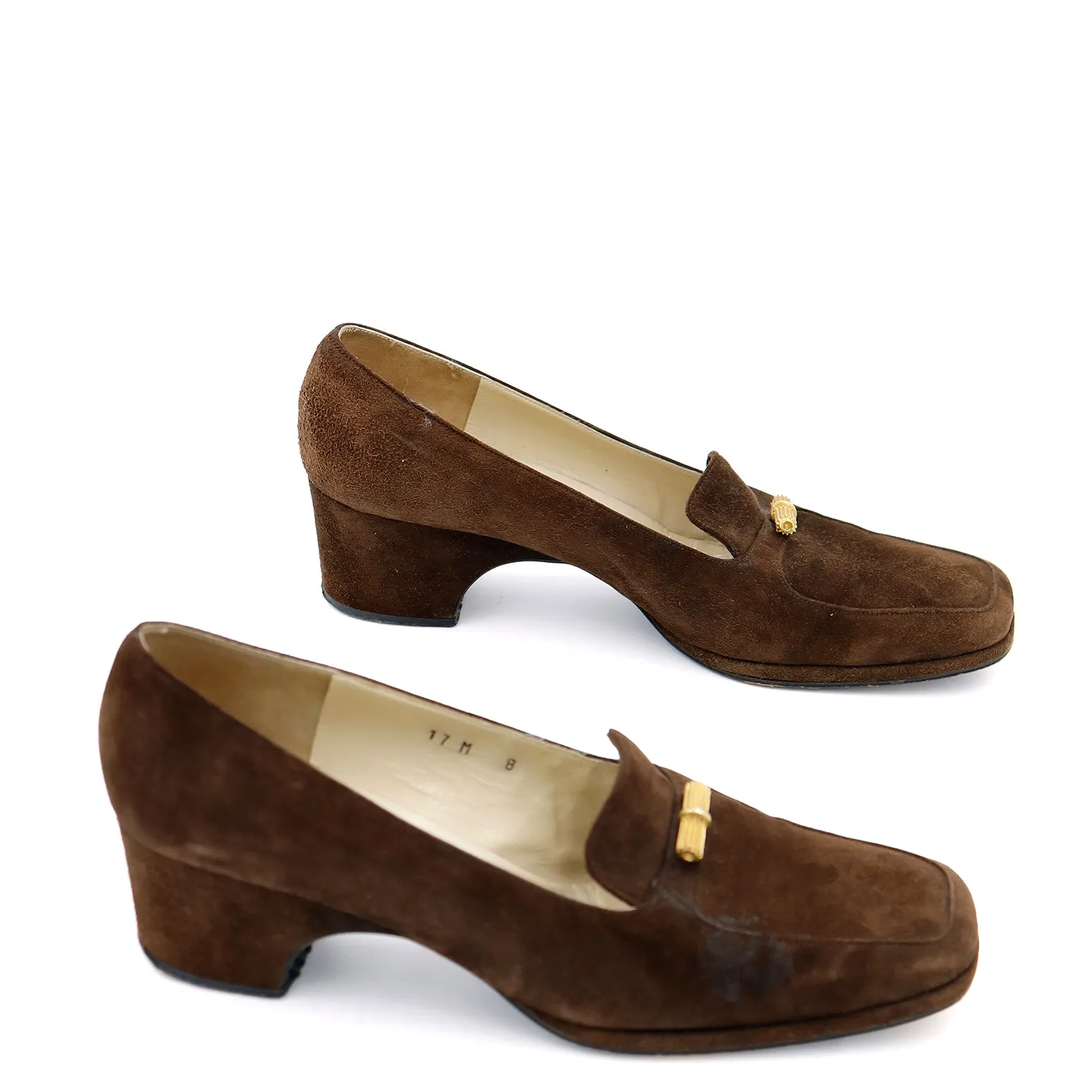 1970s Givenchy Brown Suede Loafer Shoes With Gold Decorative Buckles