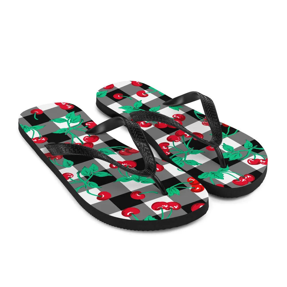 Amie Thong Flip-Flop Beach Sandals in Cherry Girl Black Gingham | Pinup Couture Swim