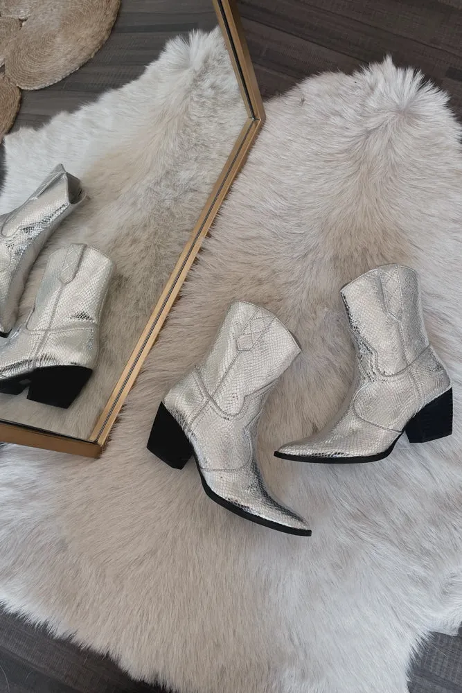 Bambi Silver Snake Western Ankle Boot