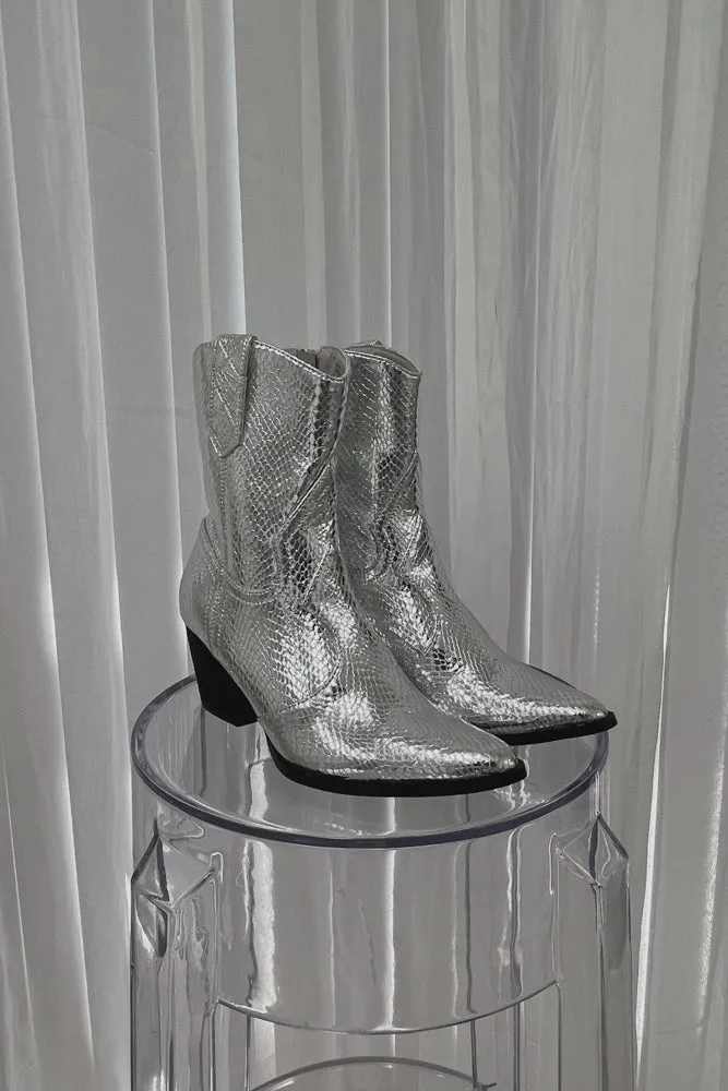 Bambi Silver Snake Western Ankle Boot