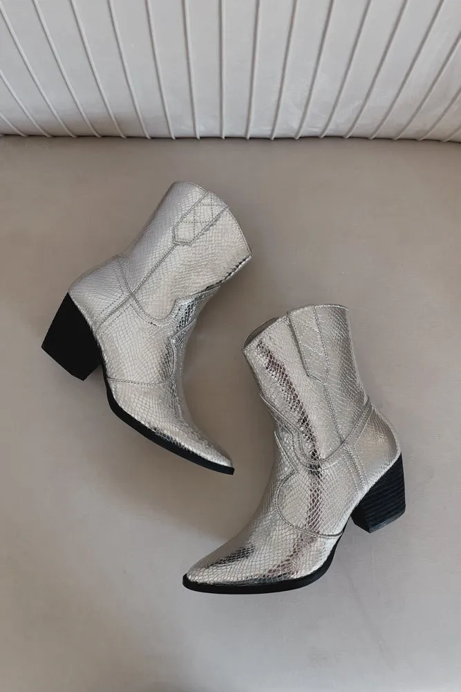 Bambi Silver Snake Western Ankle Boot