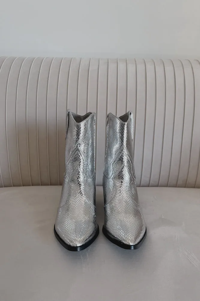 Bambi Silver Snake Western Ankle Boot