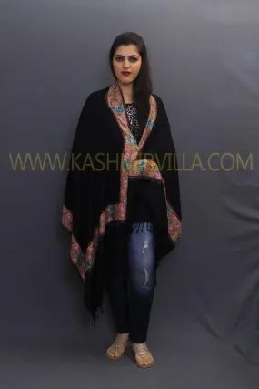 Black Colour Sozni Work Kashmiri Handwoven Stole On Pashmina Fabric With Multicoloured Border.