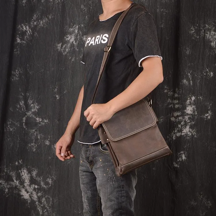 Black LEATHER MEN'S Vertical Side bag  Vertical MESSENGER BAG Small Courier Bag FOR MEN