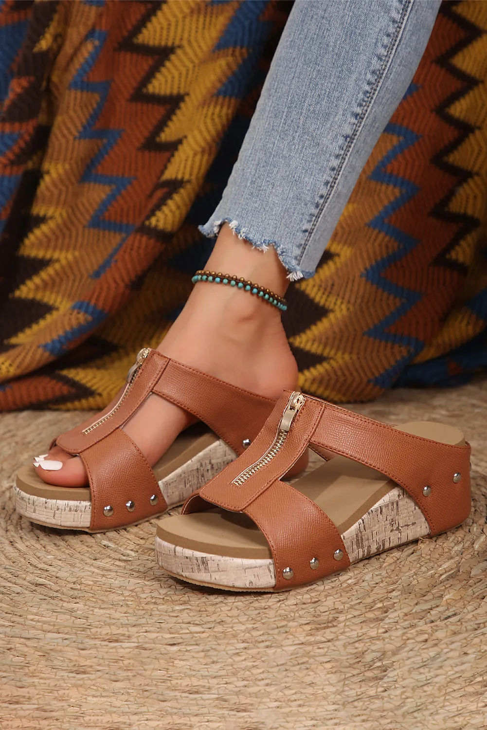 Camel Hollow Out Zipped Studded Wedge Sandals