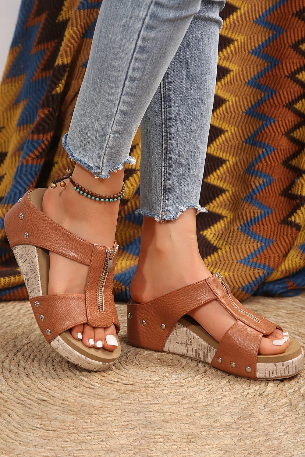 Camel Hollow Out Zipped Studded Wedge Sandals