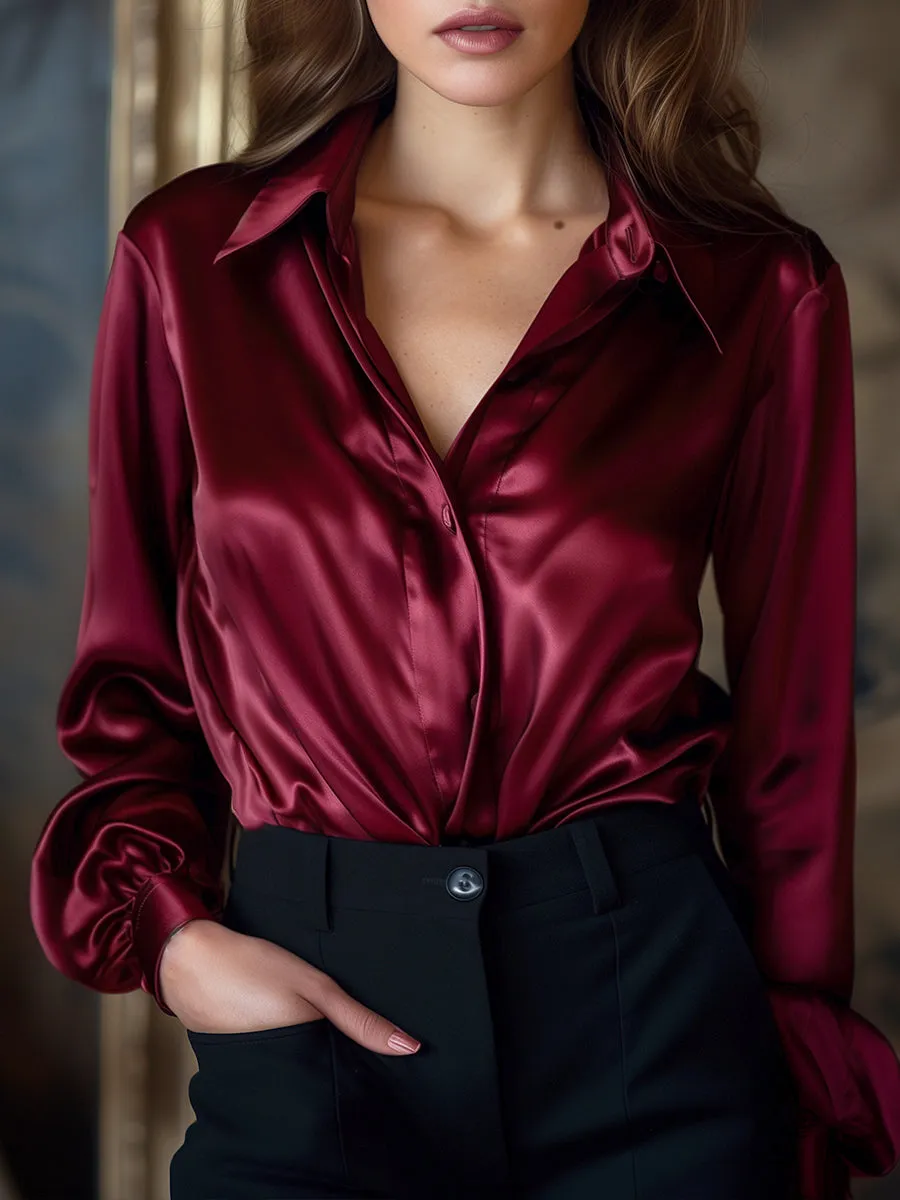 Elegant Black Satin Long Sleeves Blouse