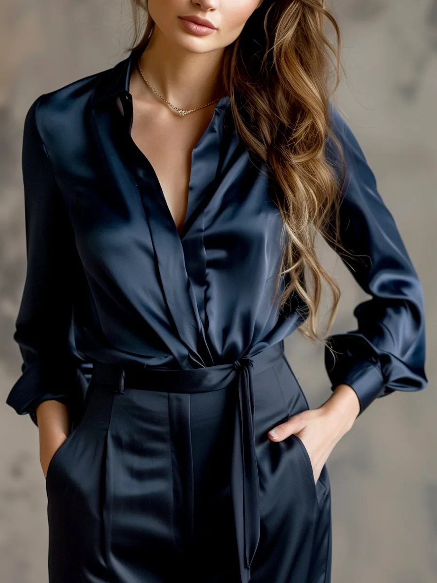 Elegant Black Satin Long Sleeves Blouse