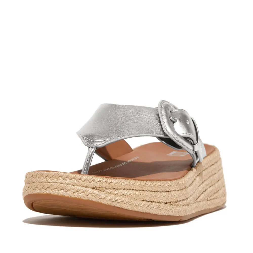 FitFlop F-Mode Espadrille Adj. Leather Flatform Toe-Thongs Sandals - Silver