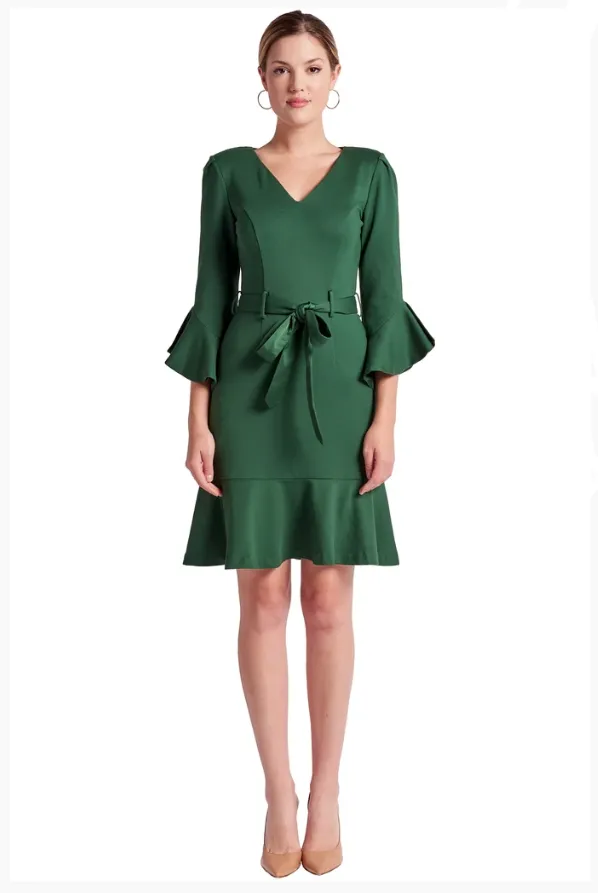 Forest Green Tayte V Neck Ruffle Hems  Dress