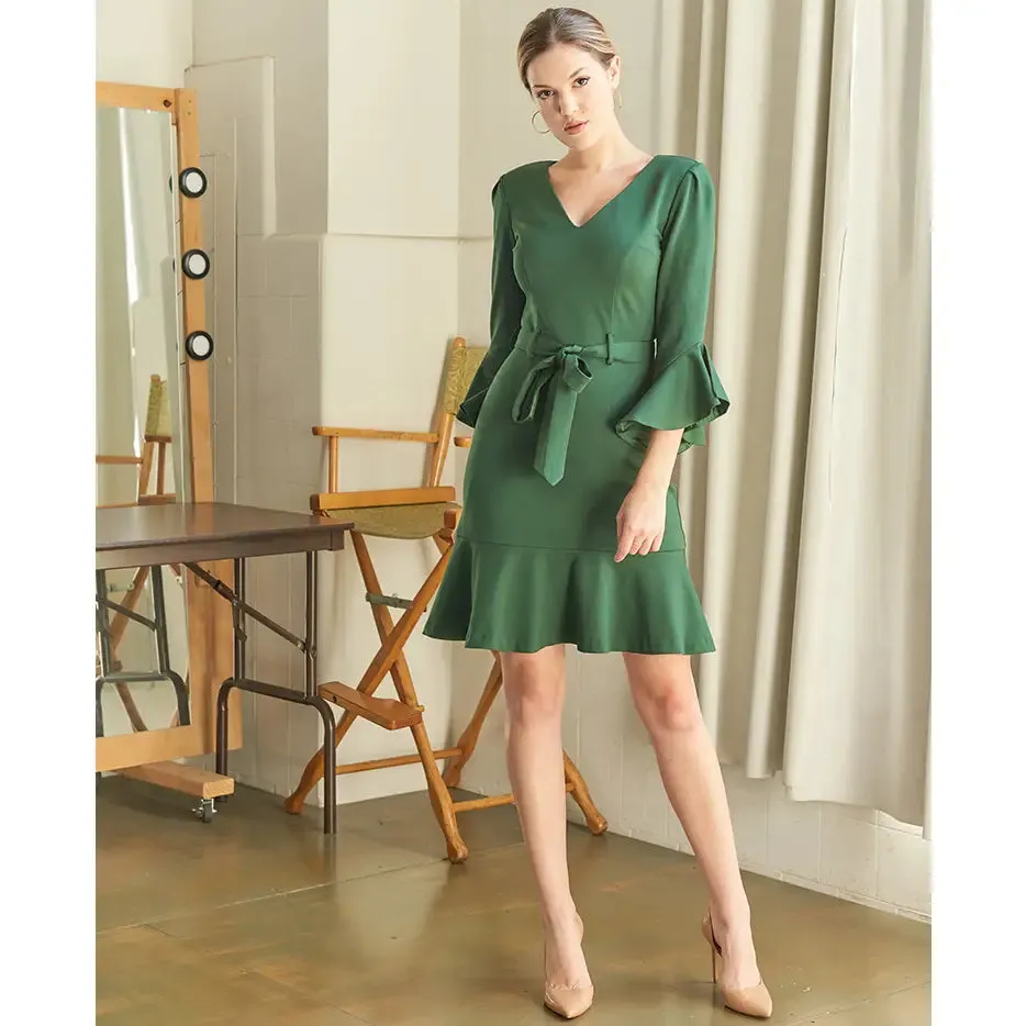 Forest Green Tayte V Neck Ruffle Hems  Dress