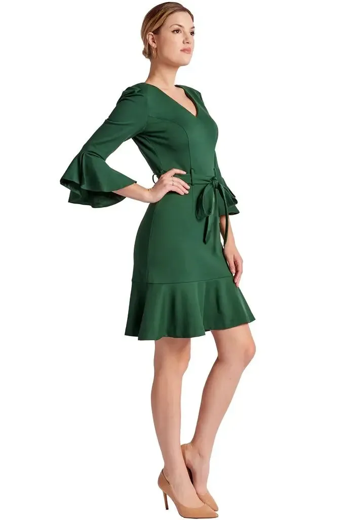 Forest Green Tayte V Neck Ruffle Hems  Dress