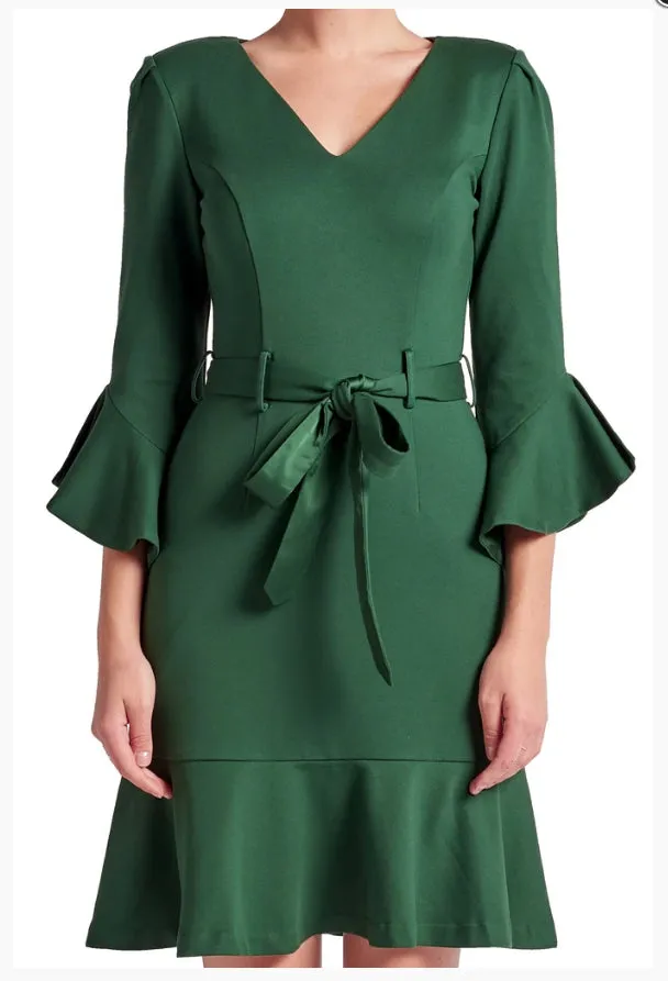 Forest Green Tayte V Neck Ruffle Hems  Dress